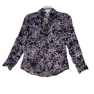 Express Shirt Womens Small Black Blue Pink Micro‎ Floral Portofino Office Casual